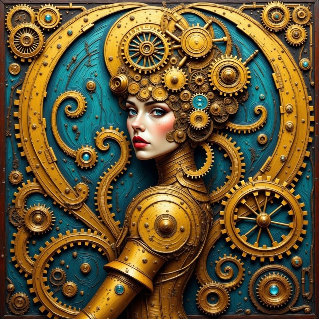 Steampunk Mechanical Woman in Van Gogh Style