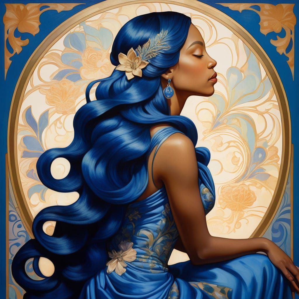 Ethereal Blue Goddess in Art Nouveau Style
