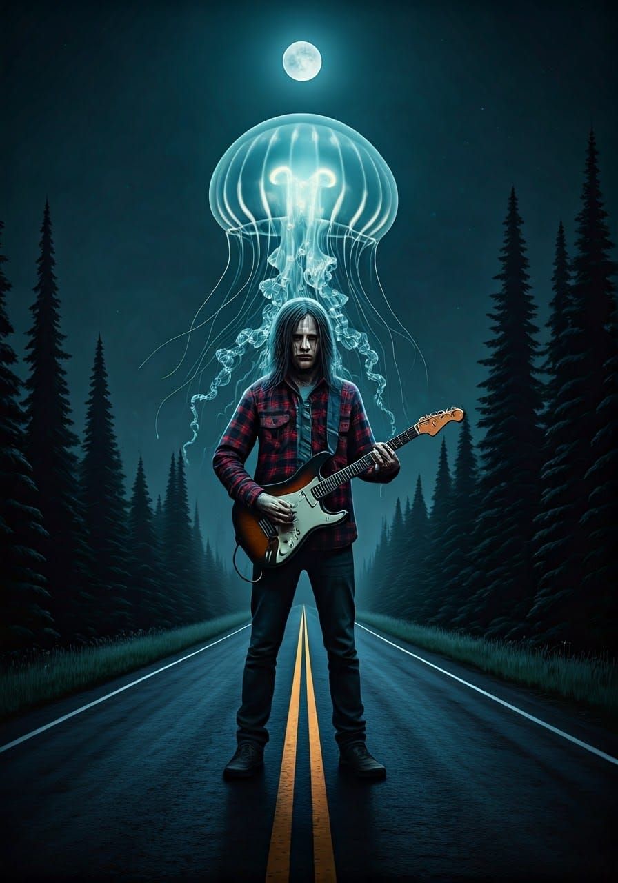 Eerie Grunge Rocker Jellyfish in Boreal Forest