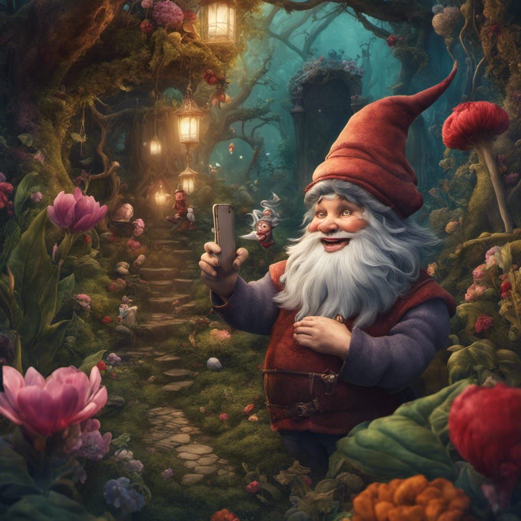 a whimsical selfie where she shares a laugh with a playful, mischievous gnome in a magical garden.