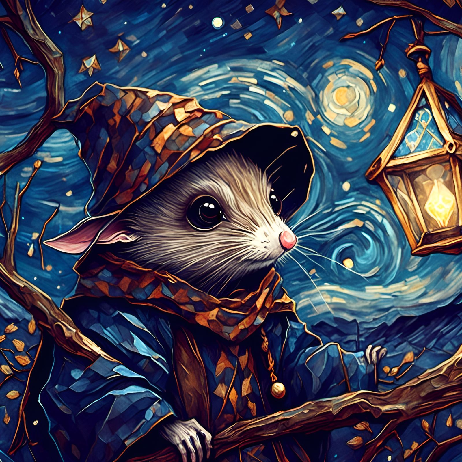 Fieldmouse Wizard in Starry Night Stained Glass Style