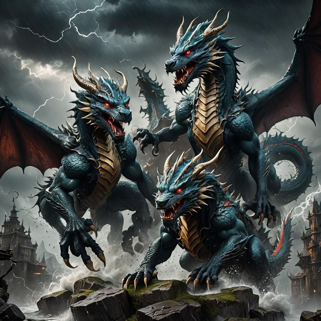 Three-Headed Dragon-Wolf in Storm, Fantasy Art