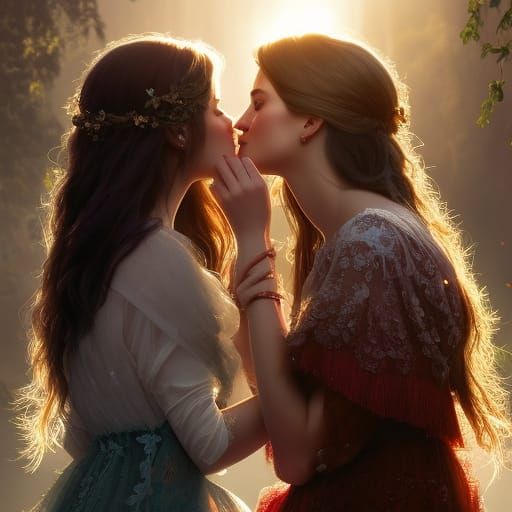 Two Girls Kissing with Engagement Ring, Detailed Portrait