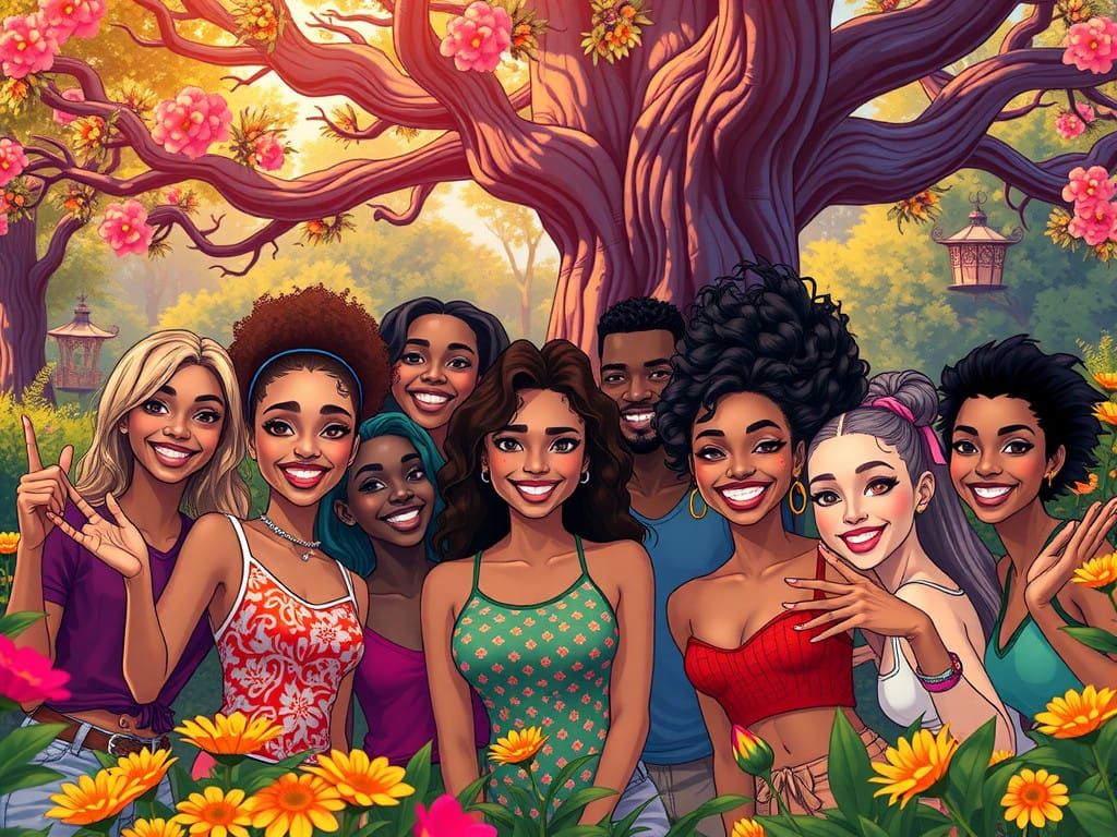 Diverse Friends Celebrate Joyful Occasion in Vibrant Outdoor...