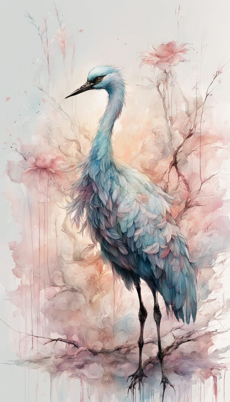 Whimsical Oriental Crane in Sunset Serenity