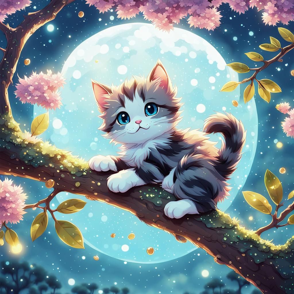 Cute Kitten in Sparkly Anime Style