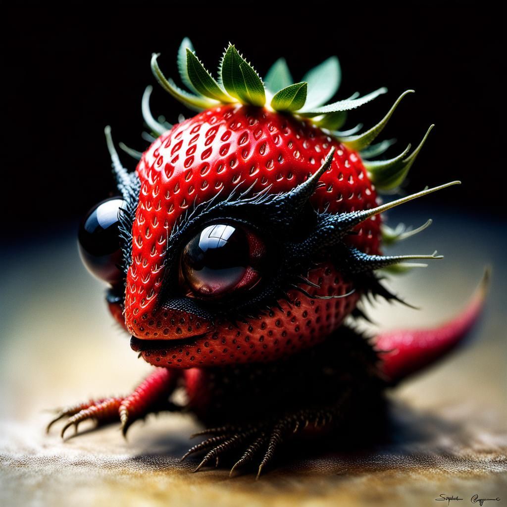 Strawberry Dragon Portrait in Volcanic Jungle