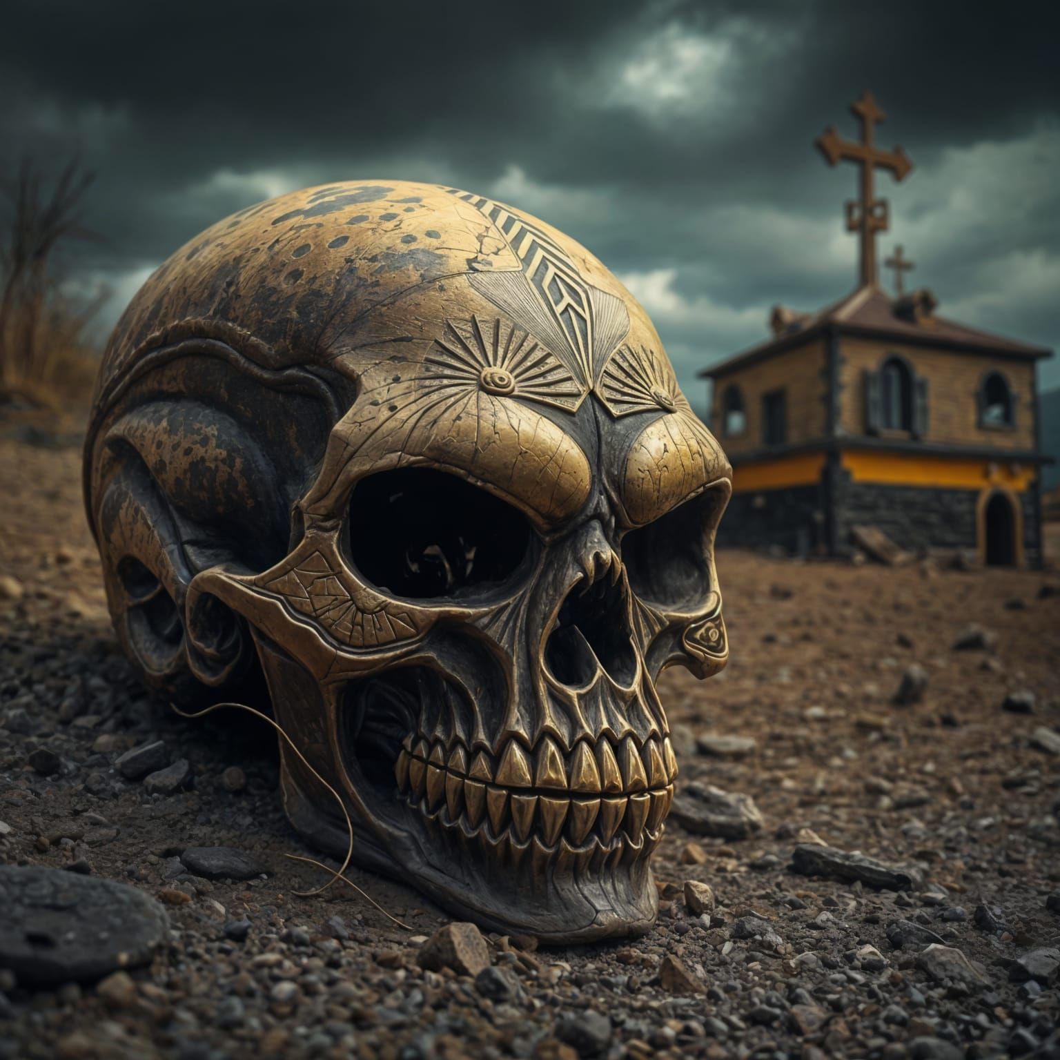Alien Skull in Dirt, Post-Apocalyptic Church Background