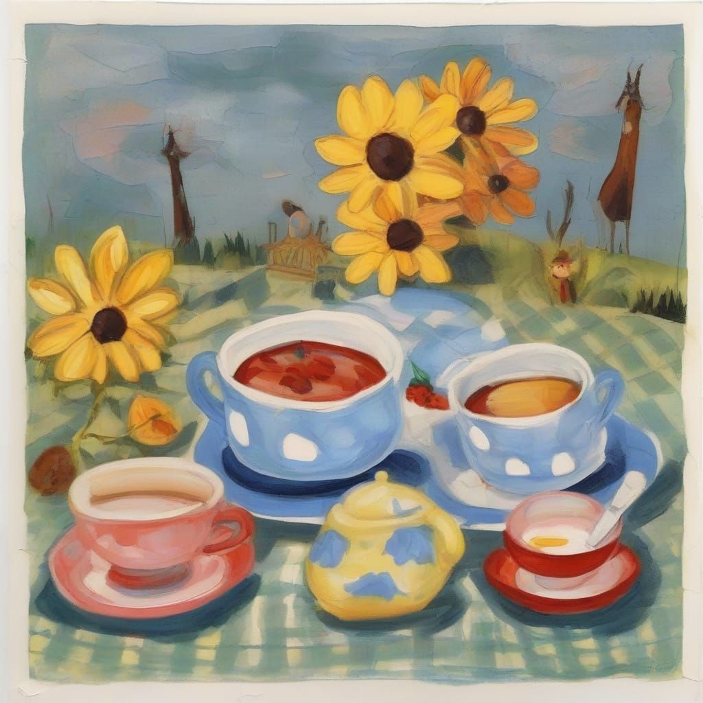 Whimsical Papier-Mâché Tea Party with Smiling Sunflower