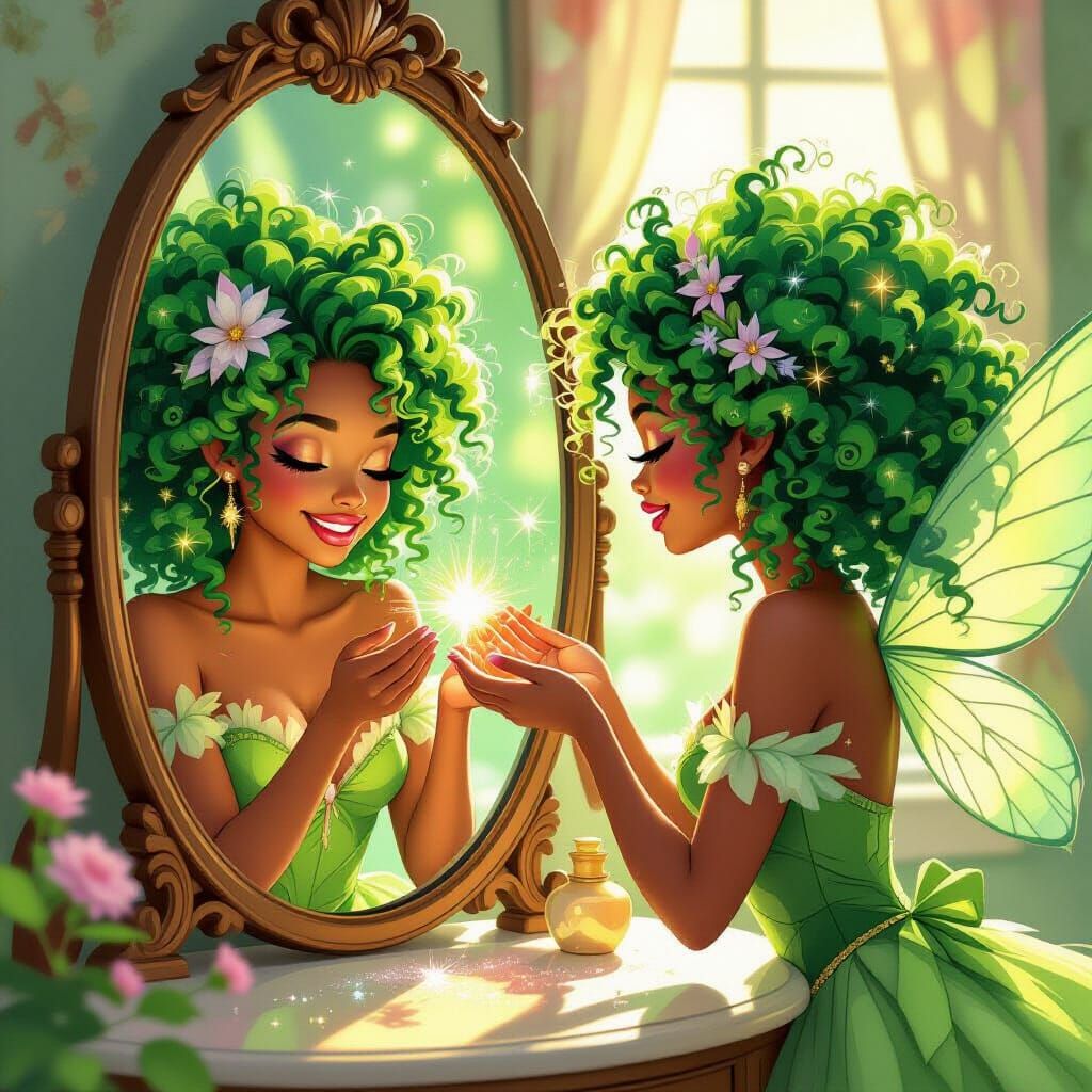 African American Fairy Cleans Mirror with Magical Dust