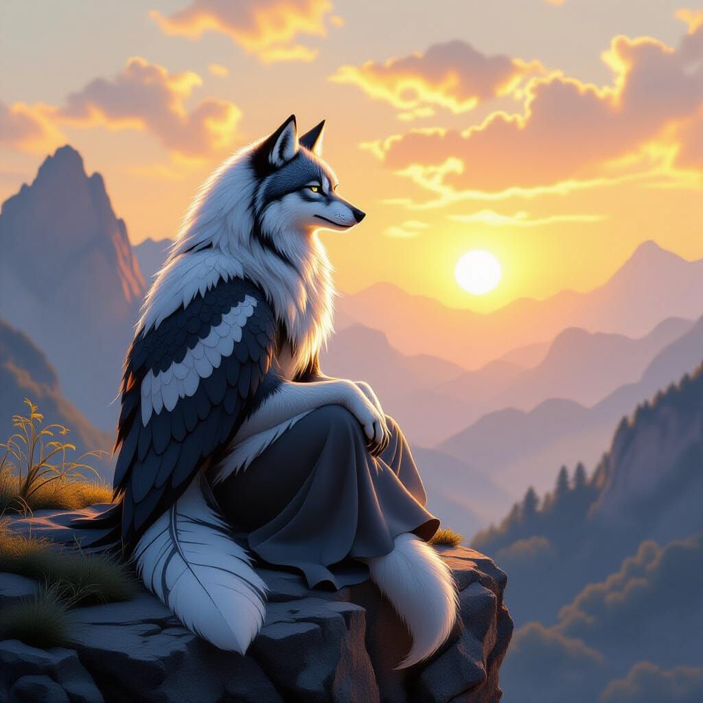 Eagle-Wolf Spirit Guardian at Sunrise on Cliff