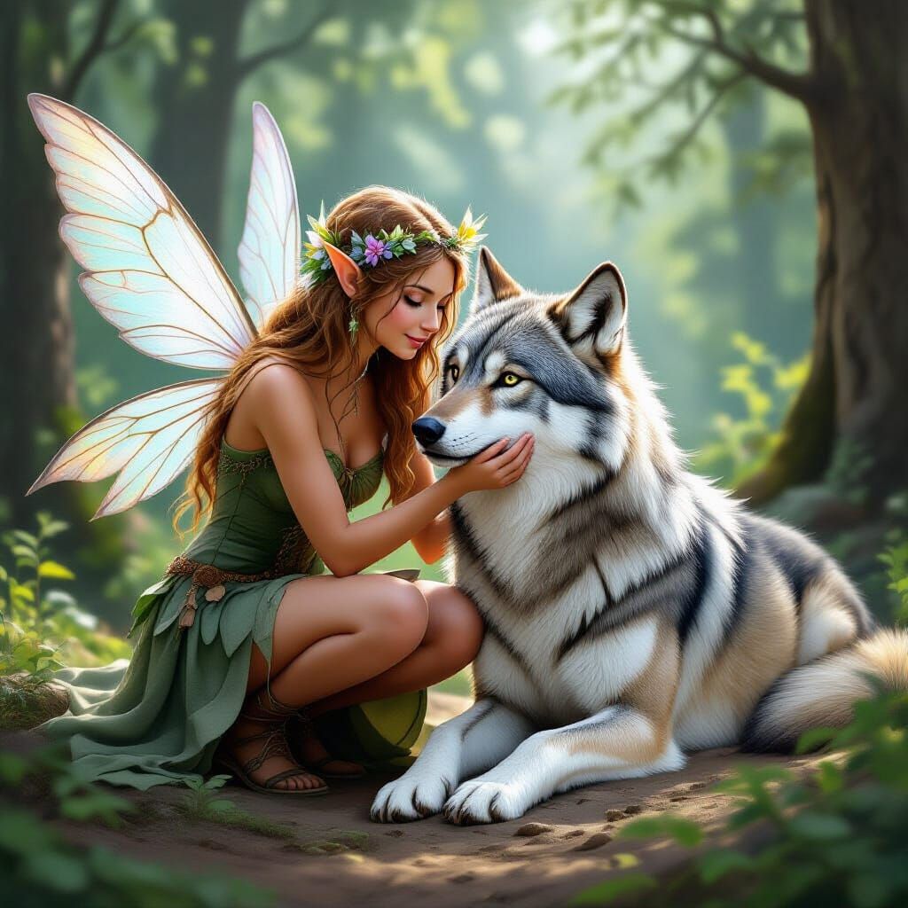 Forest Fairy Petting a Grey Wolf