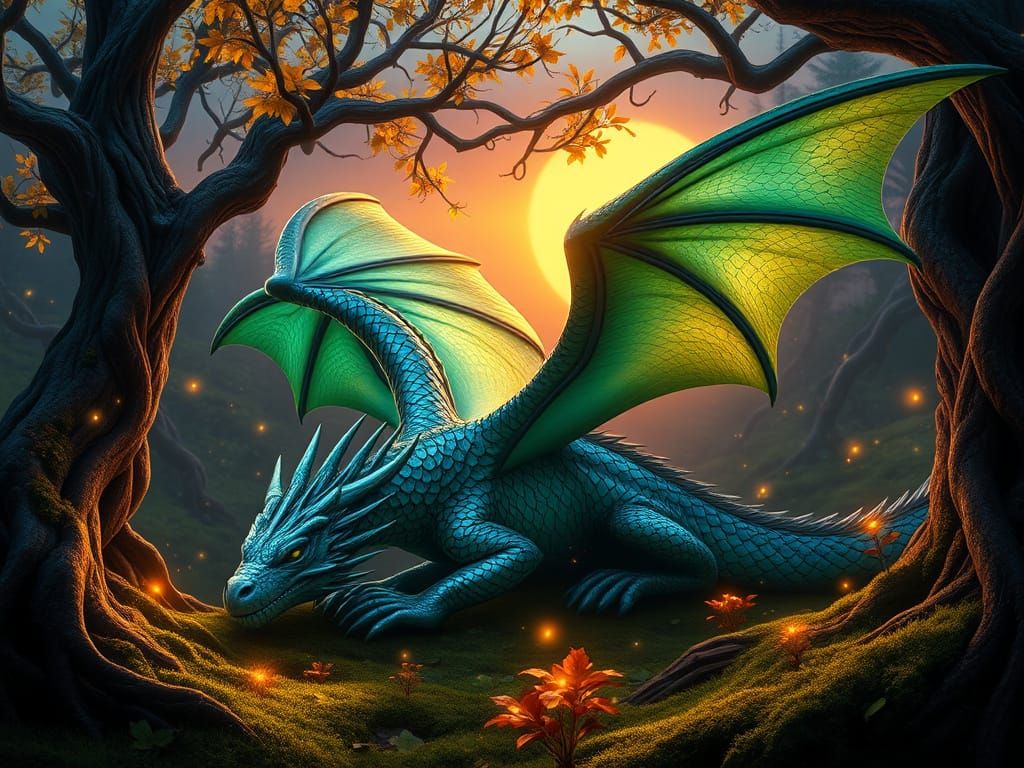 Dragon in Enchanted Forest, Hyper-Realistic Art