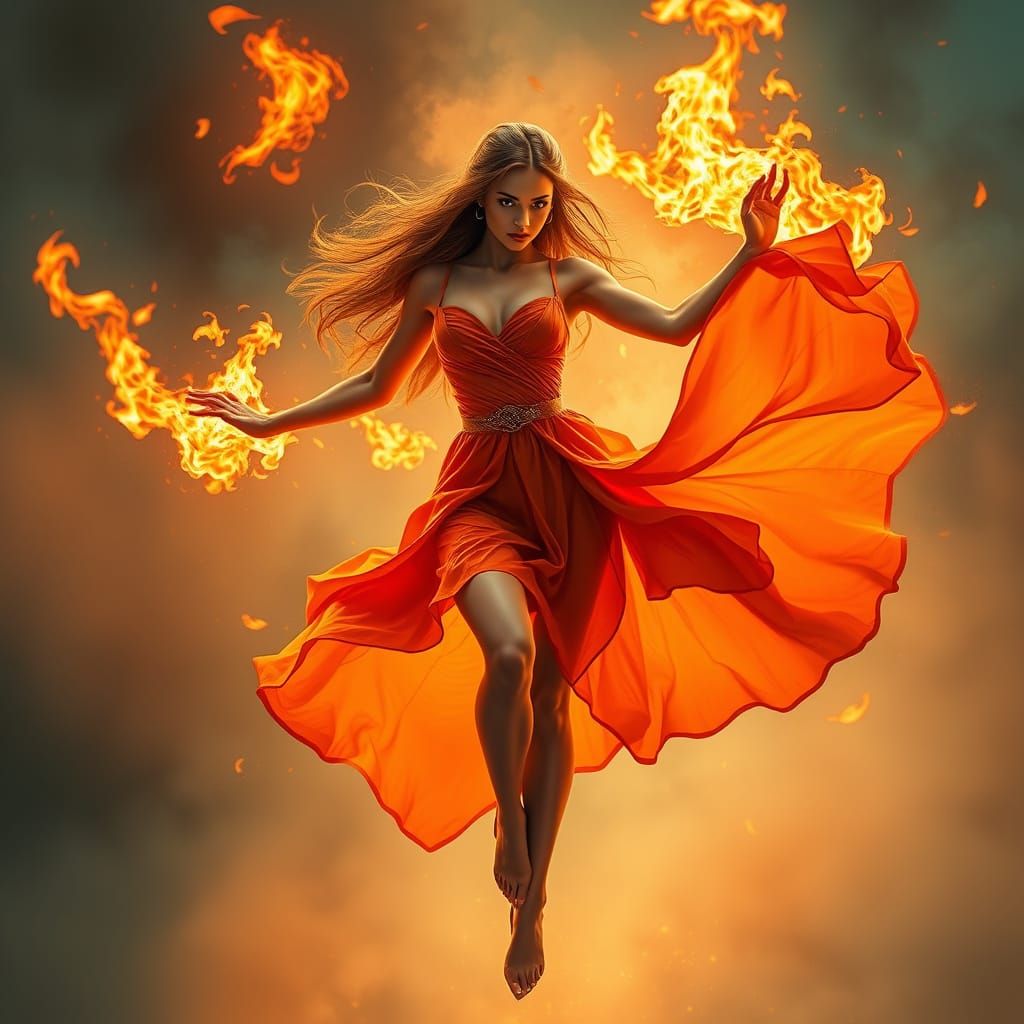 Fiery Woman in Flowing Dress Digital Art