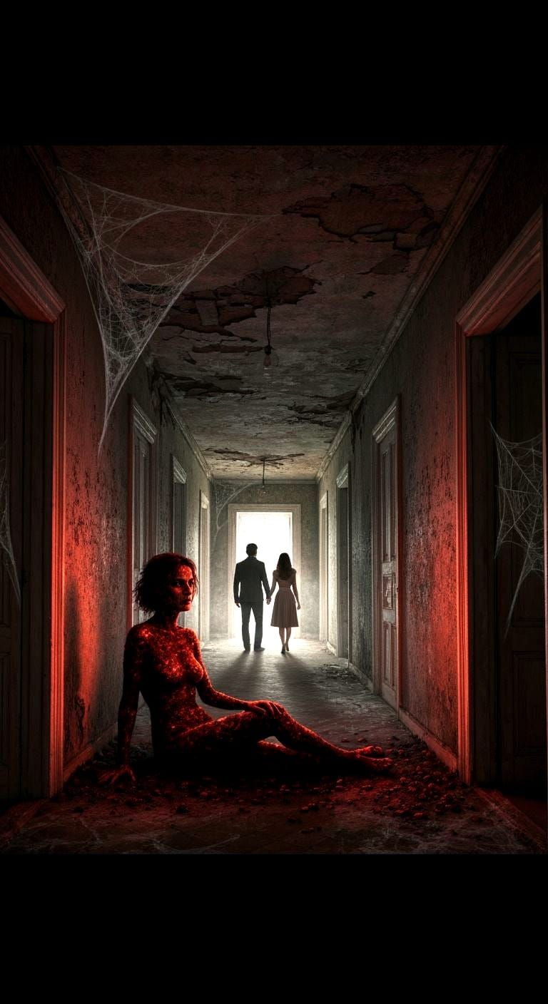 Surreal Hallway Entity Watching Couple as Oil Painting