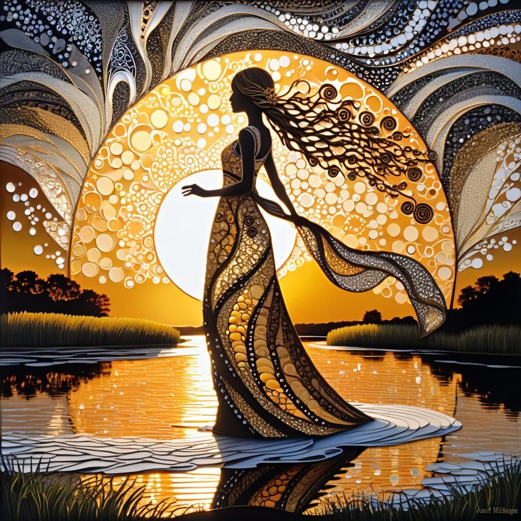 Woman in Foam Dress at Sunset: Zentangle Style