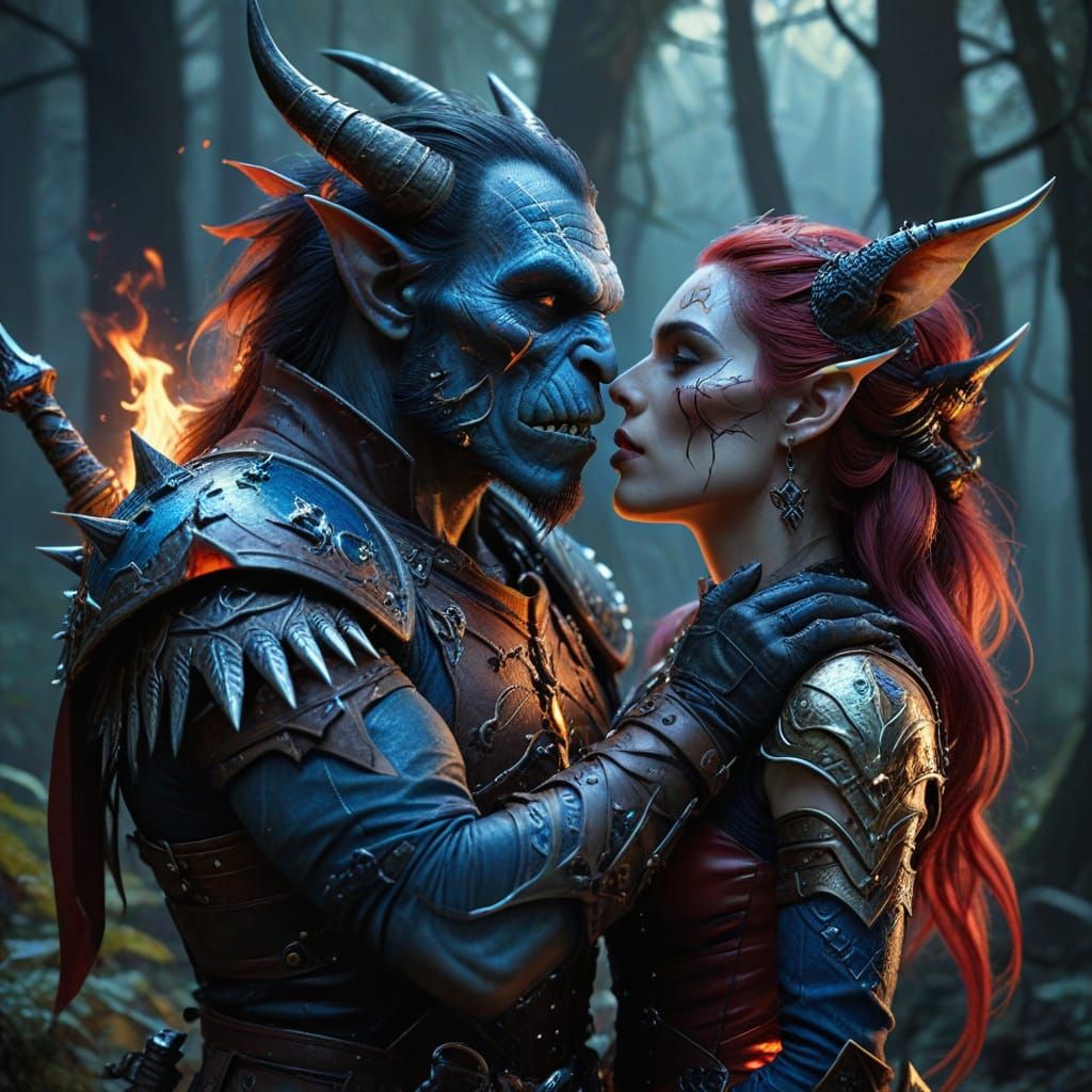 Mystical Orc Thief and Wererat Kiss in Dark Fantasy Art