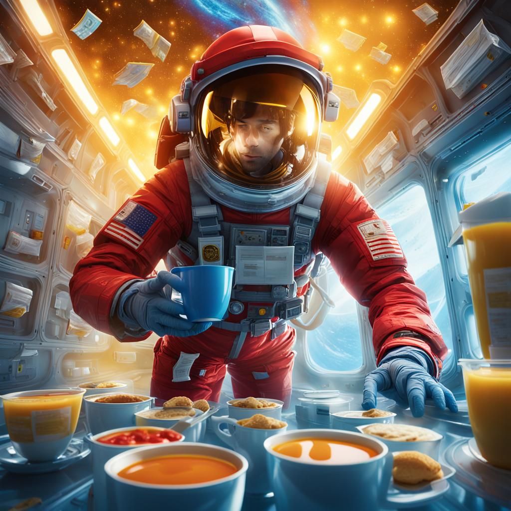 Astronaut's Zero-Gravity Breakfast in Futuristic Space Stati...
