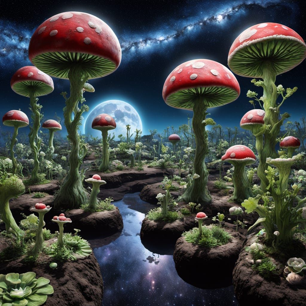 Hyperrealistic Moon Garden with Piranha Plants