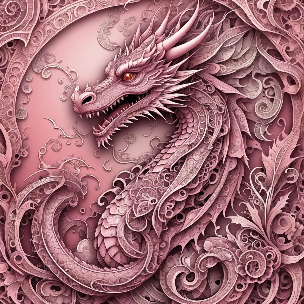 Detailed Pink Dragon Illustration with Fractal Elements