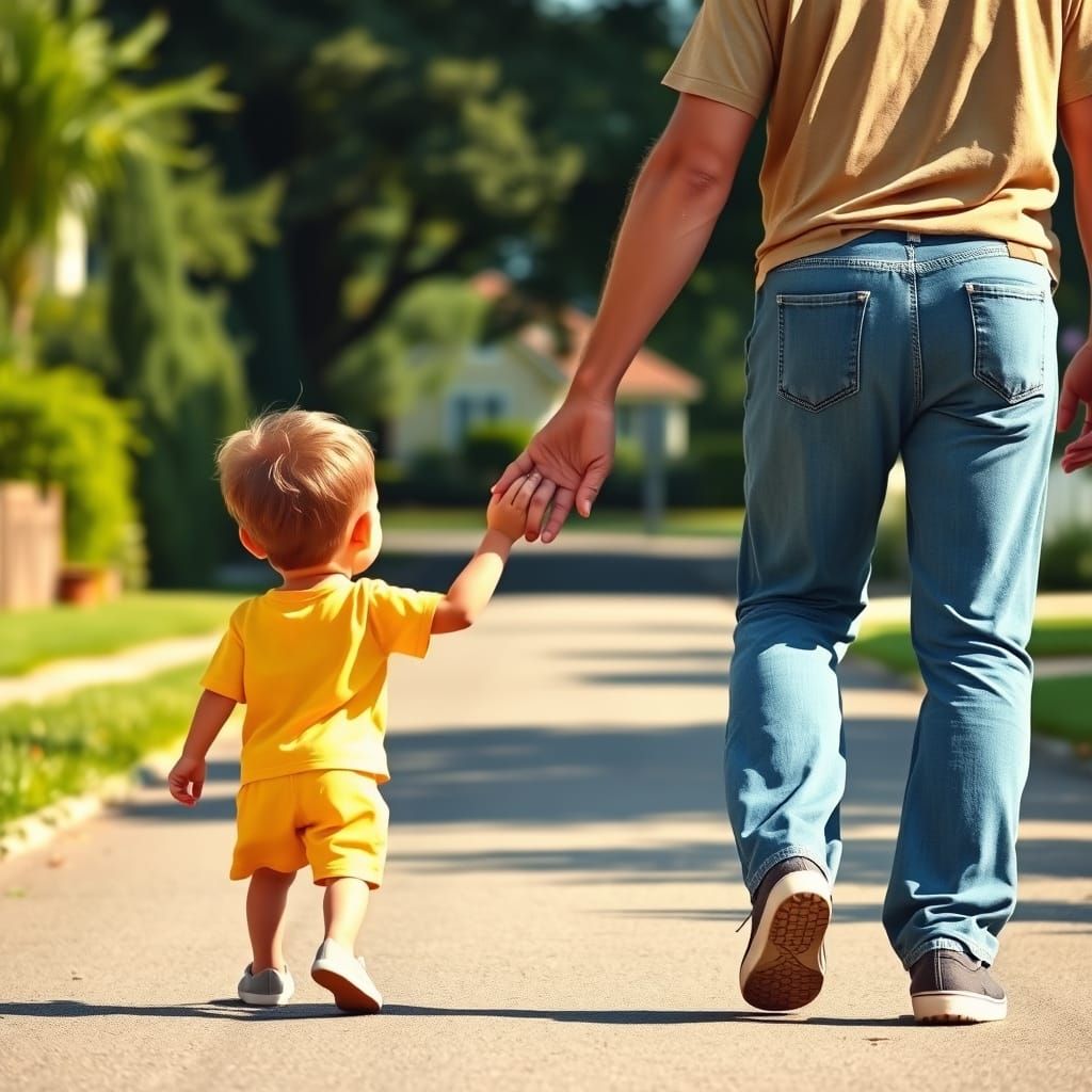 Boy and Father Pinky Promise Walk in Whimsical Style