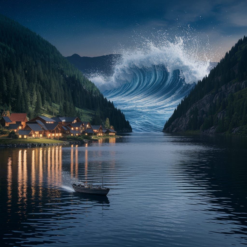 Tranquil Lakeside Village Facing Tsunami Disaster