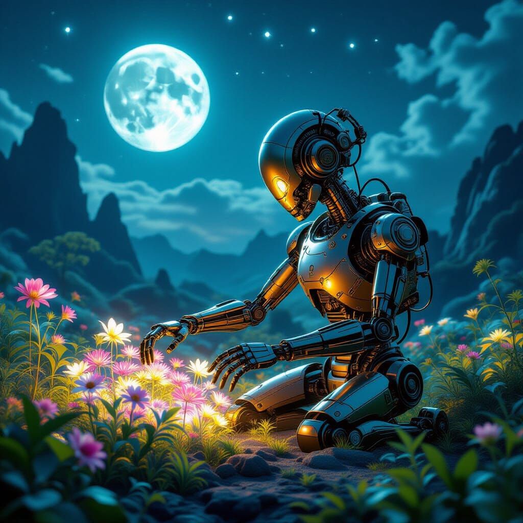 Steampunk Automaton Tending Alien Garden Under Twin Moons