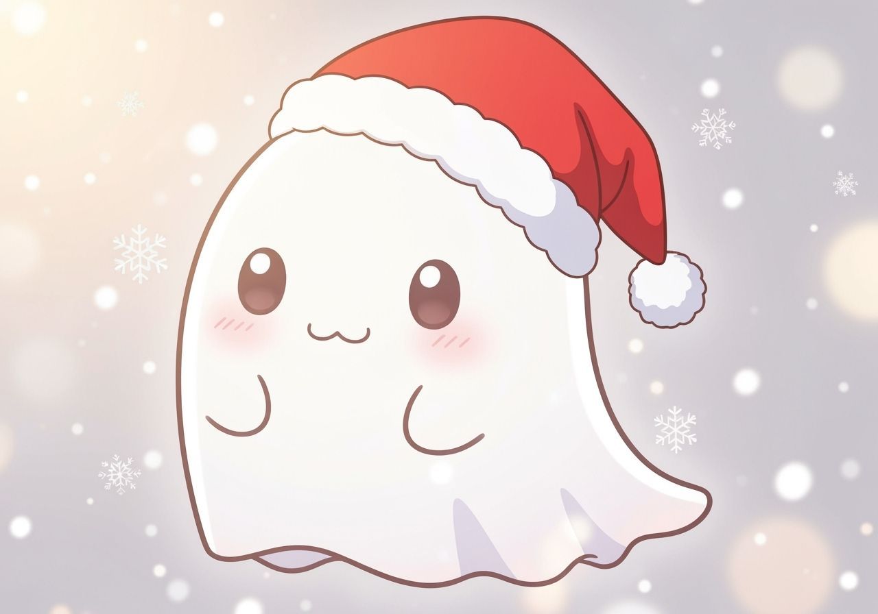 Cute Chibi Ghost in Santa Hat with Snowflakes