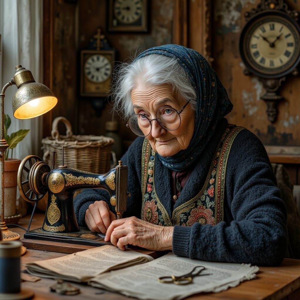 Elderly Woman Sewing in Cozy Workshop