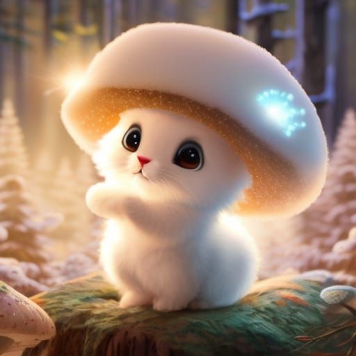 Chibi Bunny on Glowing Mushroom in Winter Forest