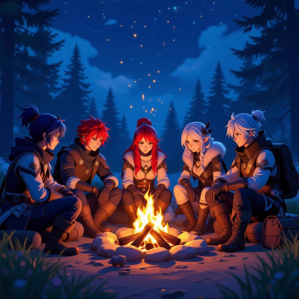 Adventurers Around Campfire in 3D Anime Style