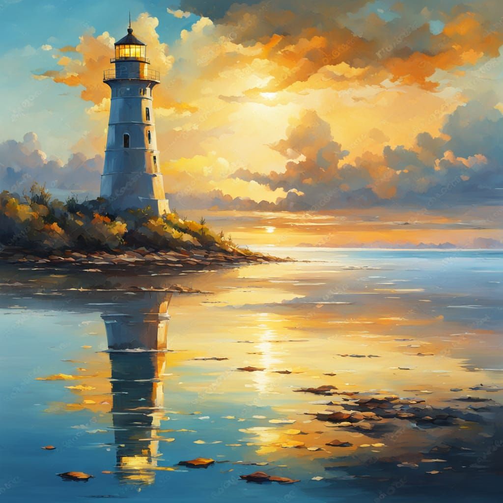 Vibrant Oil Painting of a Bay with Lighthouse