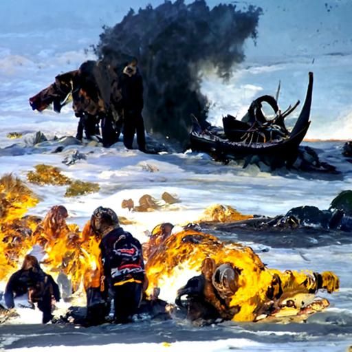 Viking Funeral on Arctic Shoreline Sunset Oil Painting