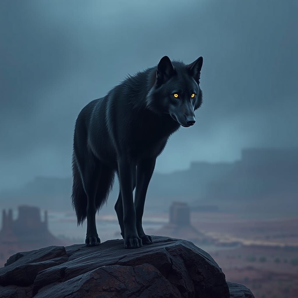 Midnight Wolf on Misty Mesa: Hyperrealistic Rendering