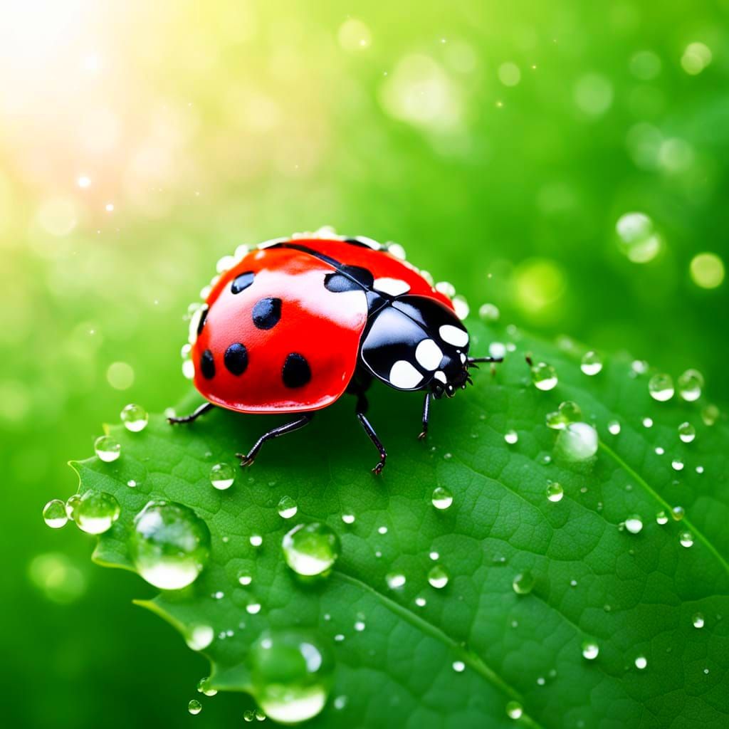 Hyperrealistic Ladybug with Dew Drops on Leaf