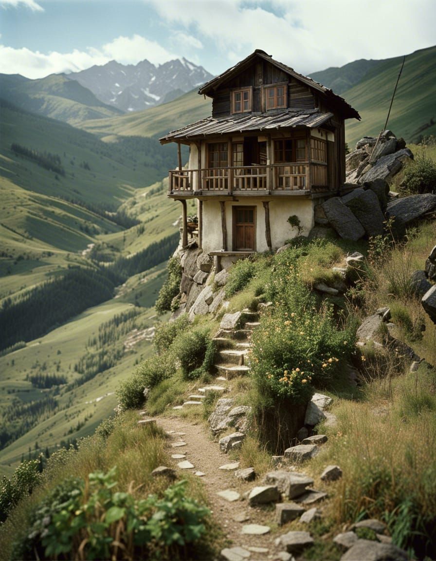 Rustic House on Mountain Cliff, Black and White Photography