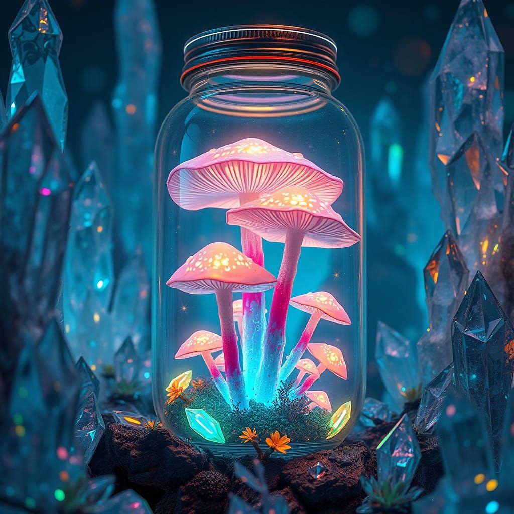 Iridescent Crystal Jar Holds Glowing Mushrooms in a Fantasti...