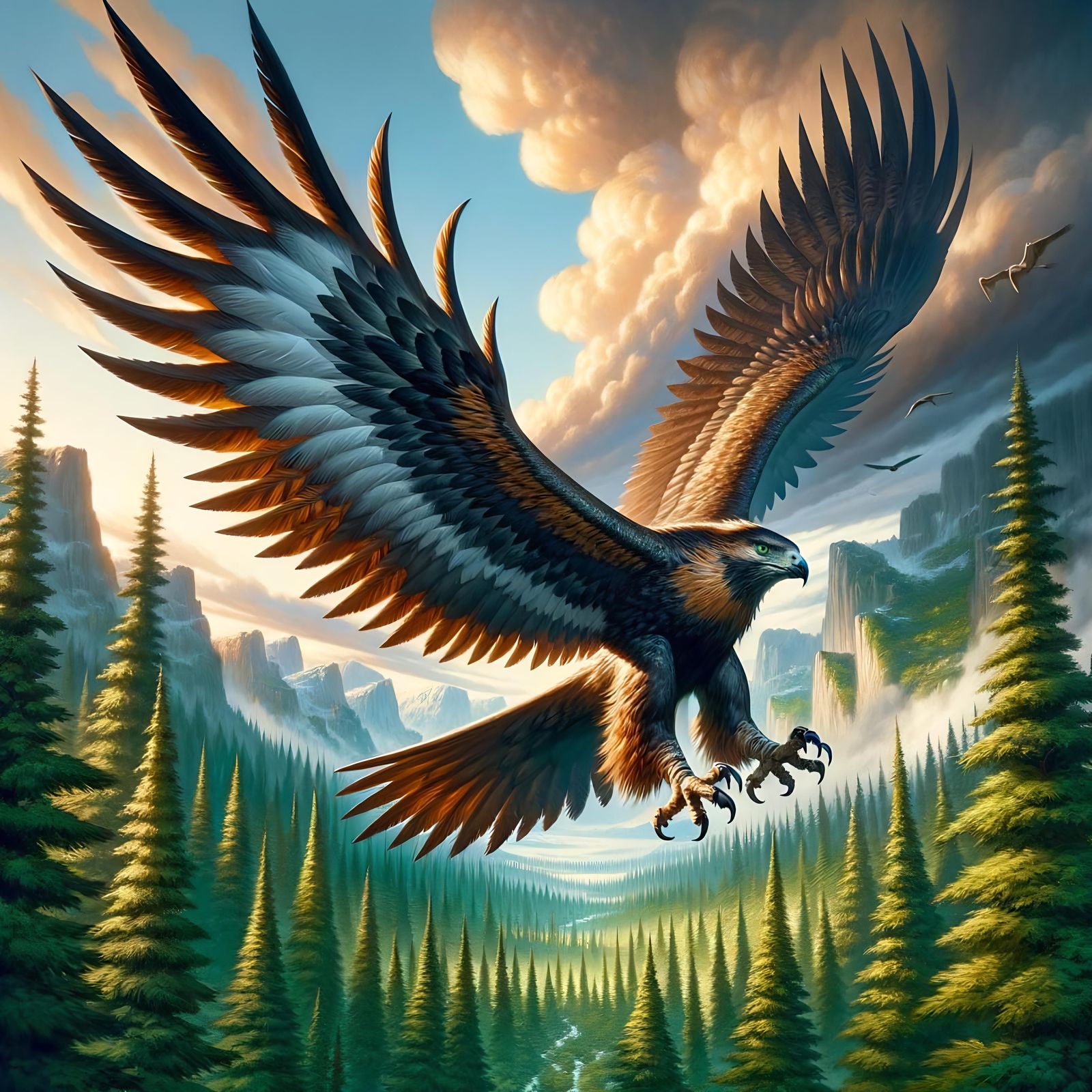 Majestic Dire Hawk Gliding Over Verdant Woodland