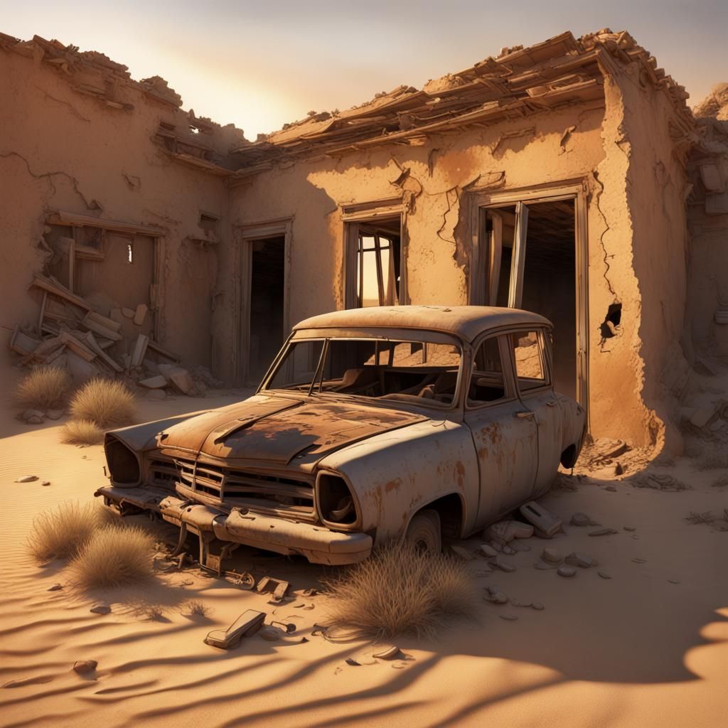 Abandoned Desert House at Sunset in Matte Painting Style