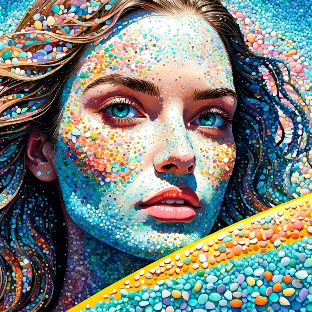 Vibrant Pointillism Style Girl Surfer at Shelly Beach