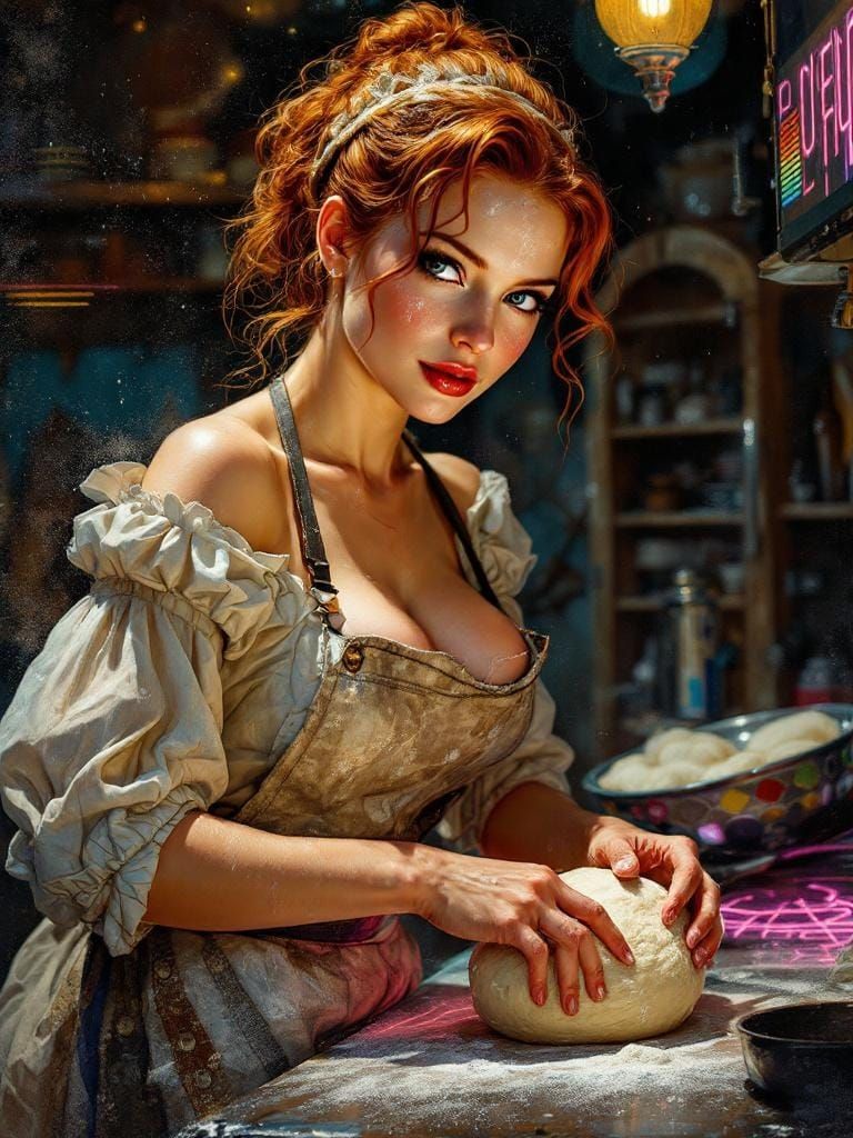 Redhead Baker in Bustling Kitchen, Blending Art Styles