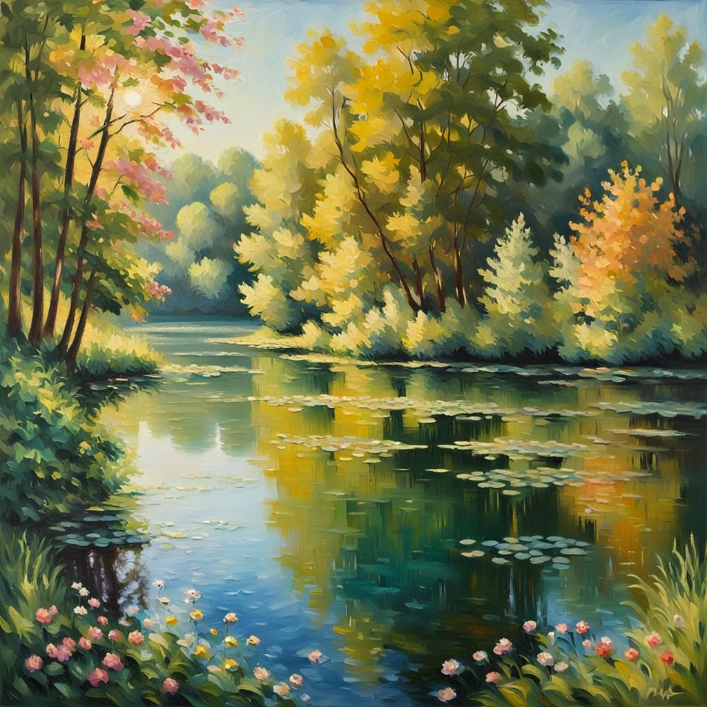 Impressionist Lake Shimmers in Sunlight