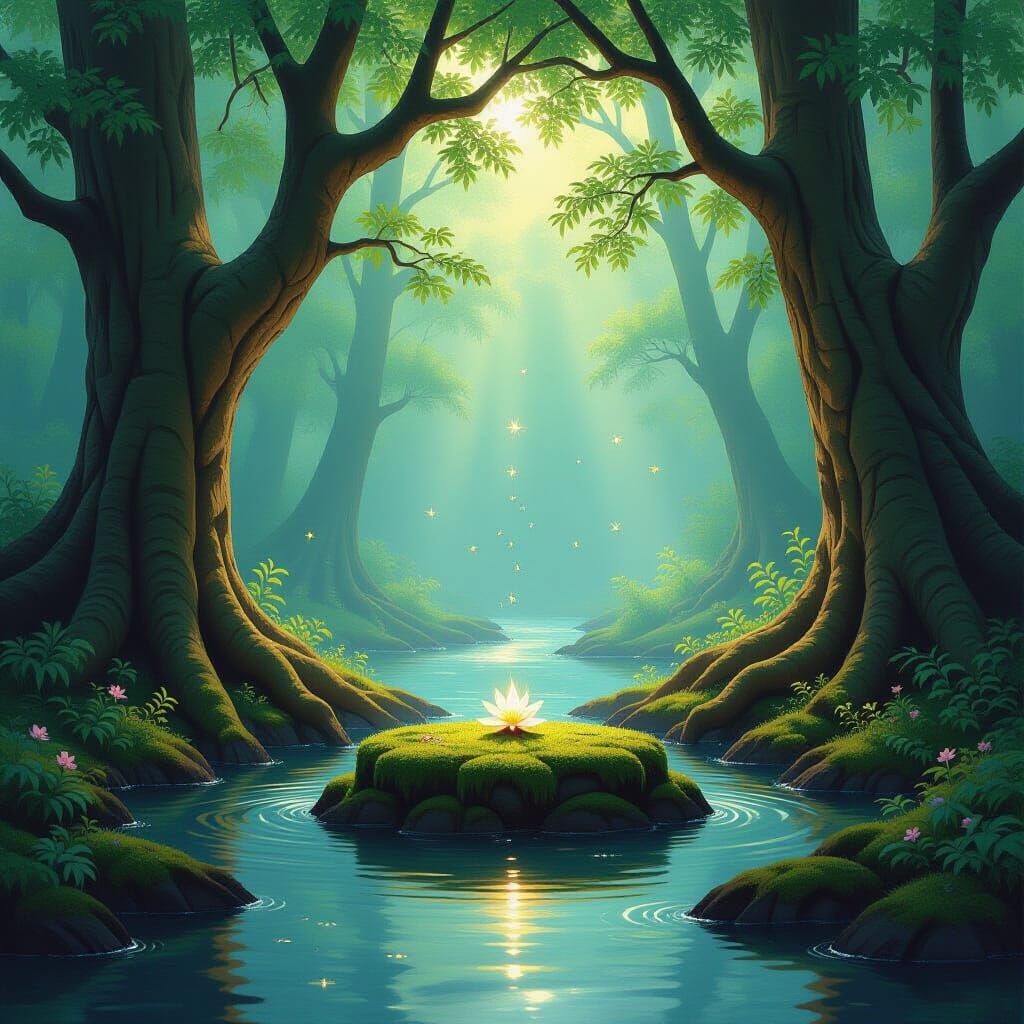 Enchanted Forest River With Glowing Flower Altar