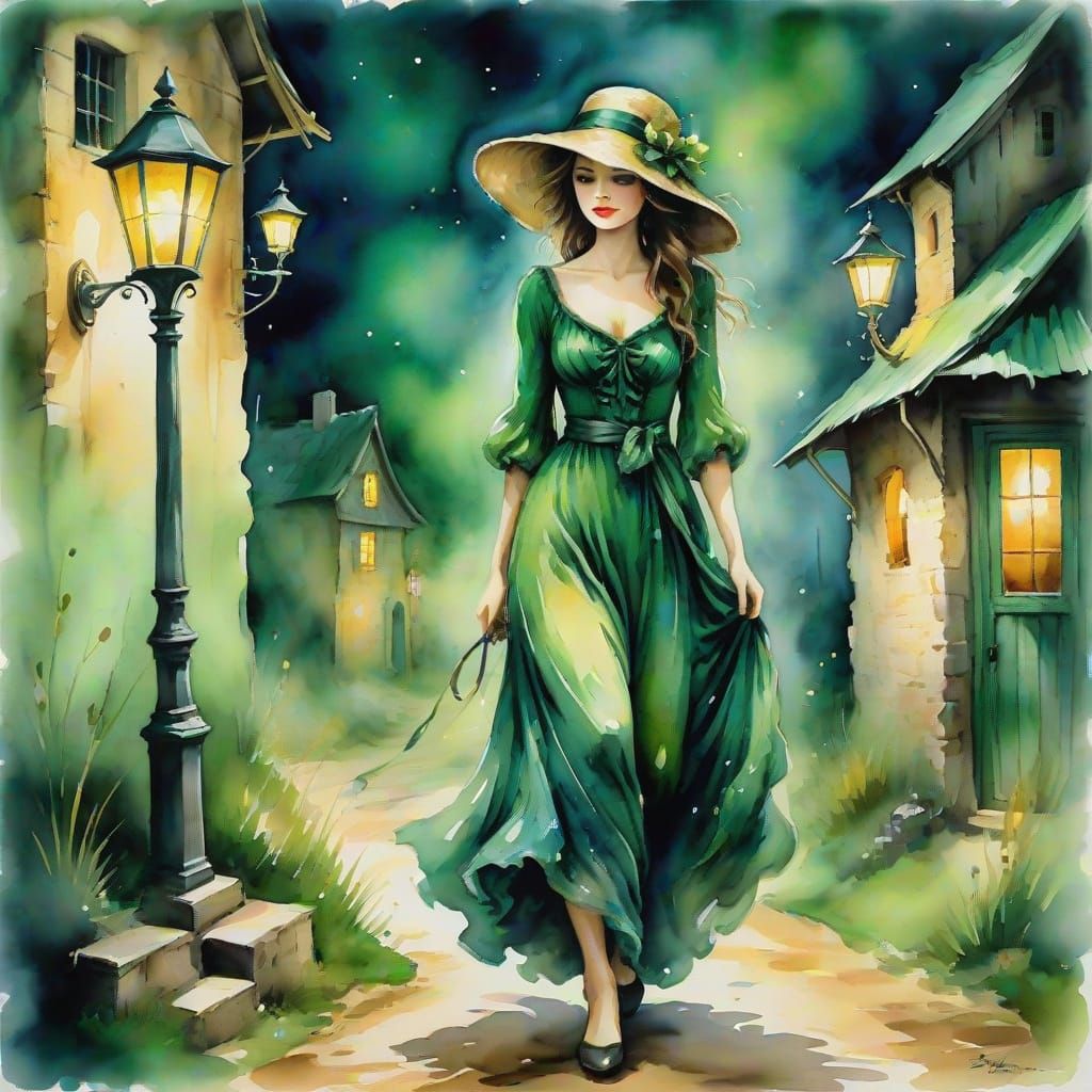 Enigmatic Lady Emerging from Whimsical Cottage at Night