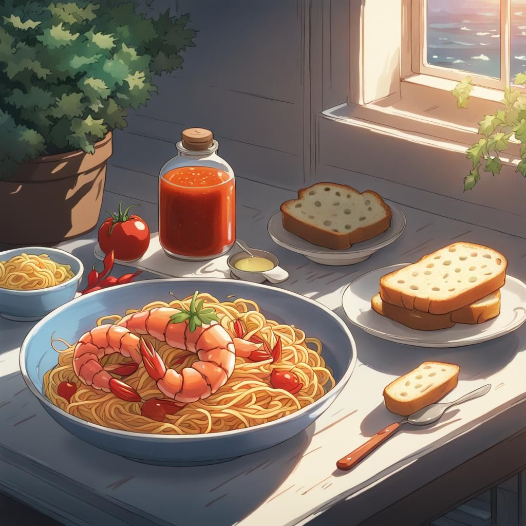 Prawn Spaghetti in Anime Style with Natural Lighting