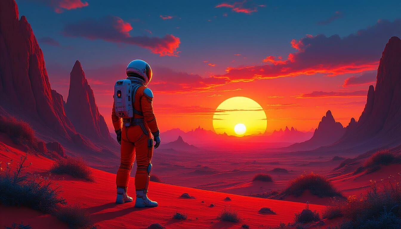 Astronaut on Crimson Planet at Sunset in Roger Dean Style