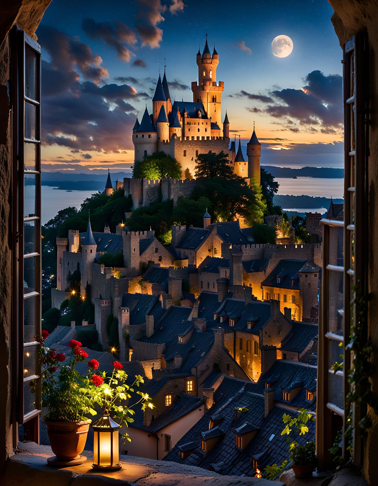 Night Cityscape from Castle Window in 3D CGI