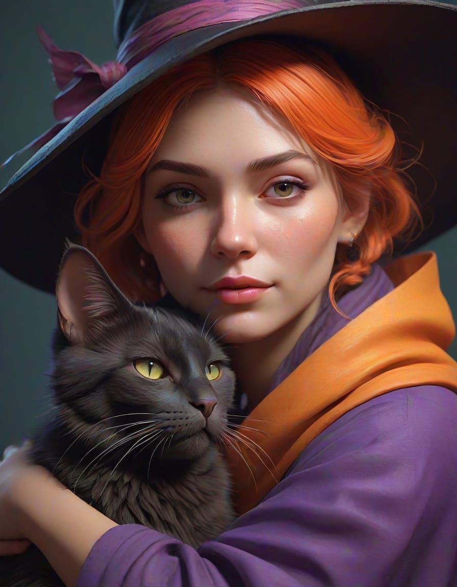 Colorful Witch and Cat Portrait in Art Nouveau Style