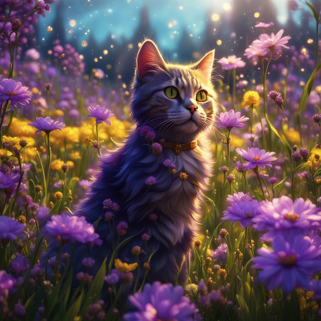 Spring Field with Cats: Dark Fantasy Art