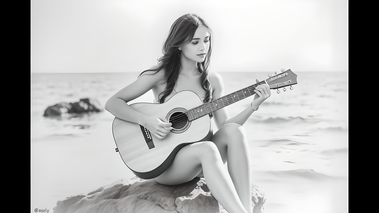 Detailed Pencil Art: Woman Playing Guitar by Sea
